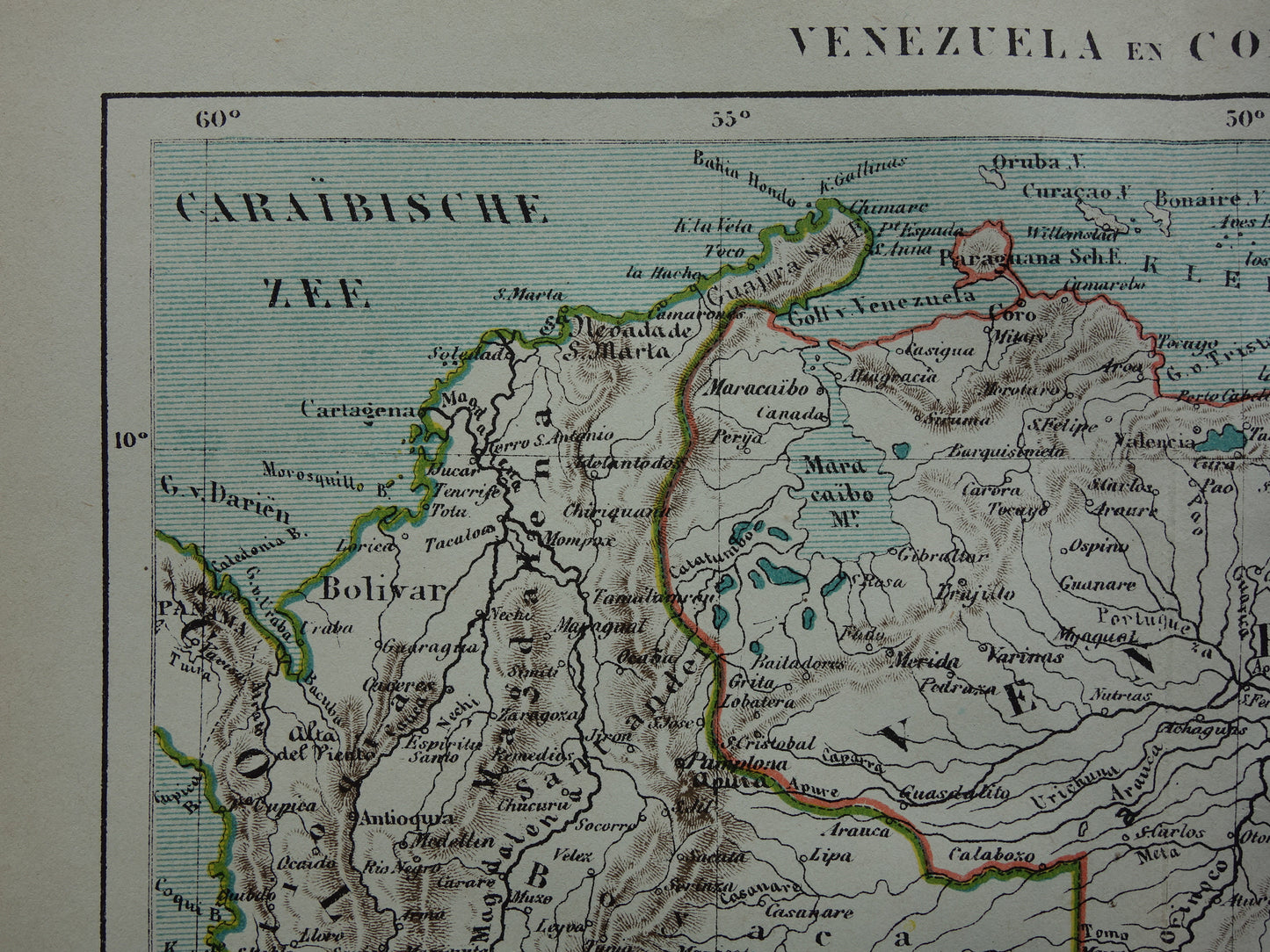 Venezuela en Colombia oude landkaart originele antieke Kuyper kaart uit 1882 vintage kaarten