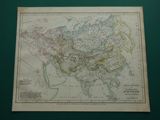 AZIË vintage kaart van Azië 1852 originele oude antieke handgekleurde landkaart over de riviersystemen van het Aziatische continent - Potamologie Geologie kaarten