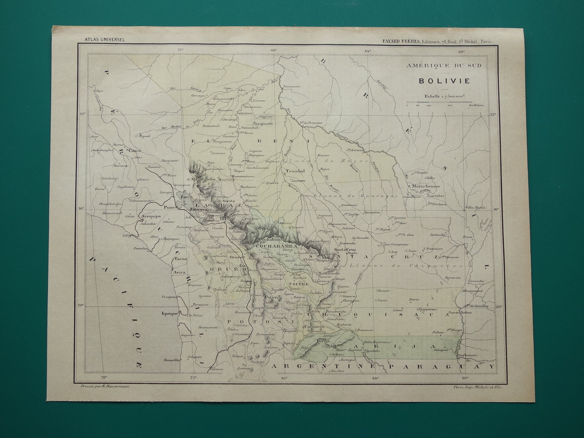 BOLIVIA oude landkaart uit 1896 originele antieke Franse kaart