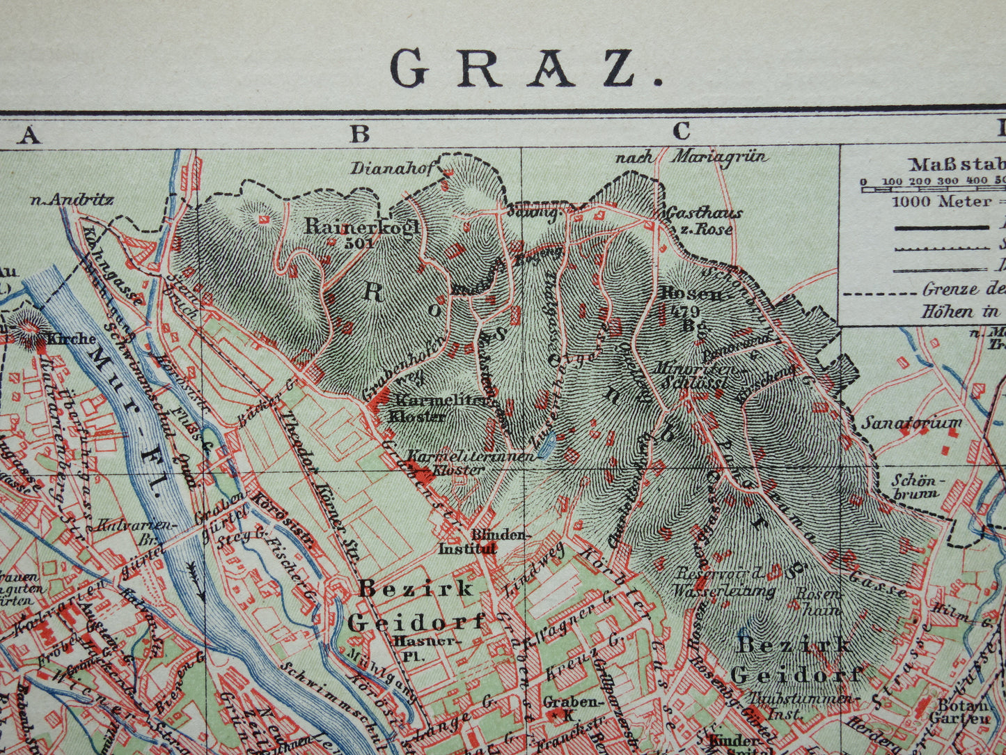 GRAZ oude plattegrond van Graz Oostenrijk uit 1907 - originele kleine vintage historische kaart met jaartal