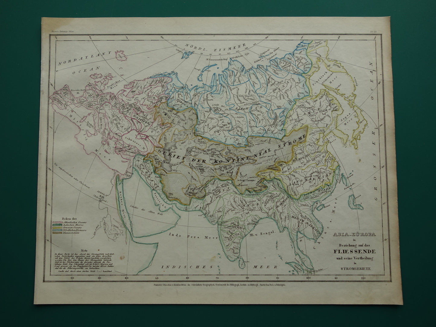 AZIË vintage kaart van Azië 1852 originele oude antieke handgekleurde landkaart over de riviersystemen van het Aziatische continent - Potamologie Geologie kaarten