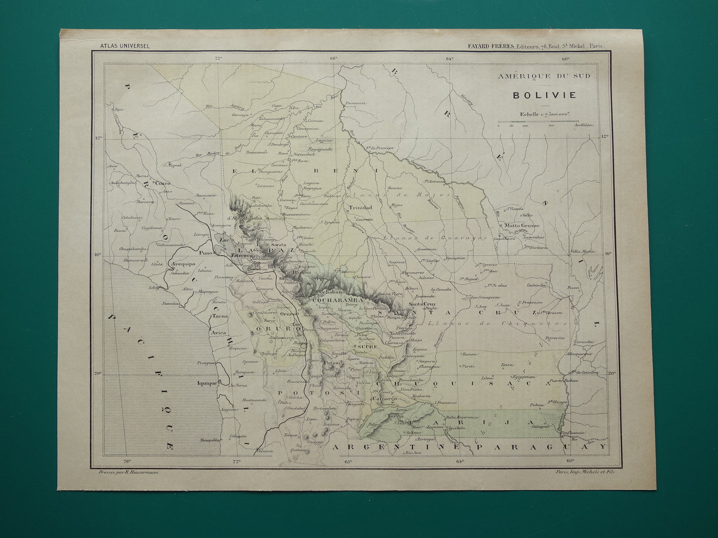 Bolivia old map from 1896 original antique French map