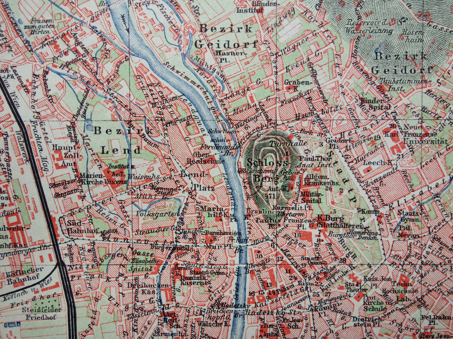 GRAZ oude plattegrond van Graz Oostenrijk uit 1907 - originele kleine vintage historische kaart met jaartal