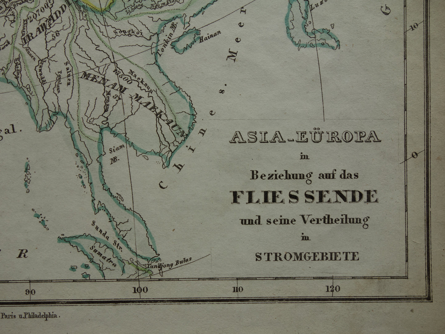 AZIË vintage kaart van Azië 1852 originele oude antieke handgekleurde landkaart over de riviersystemen van het Aziatische continent - Potamologie Geologie kaarten