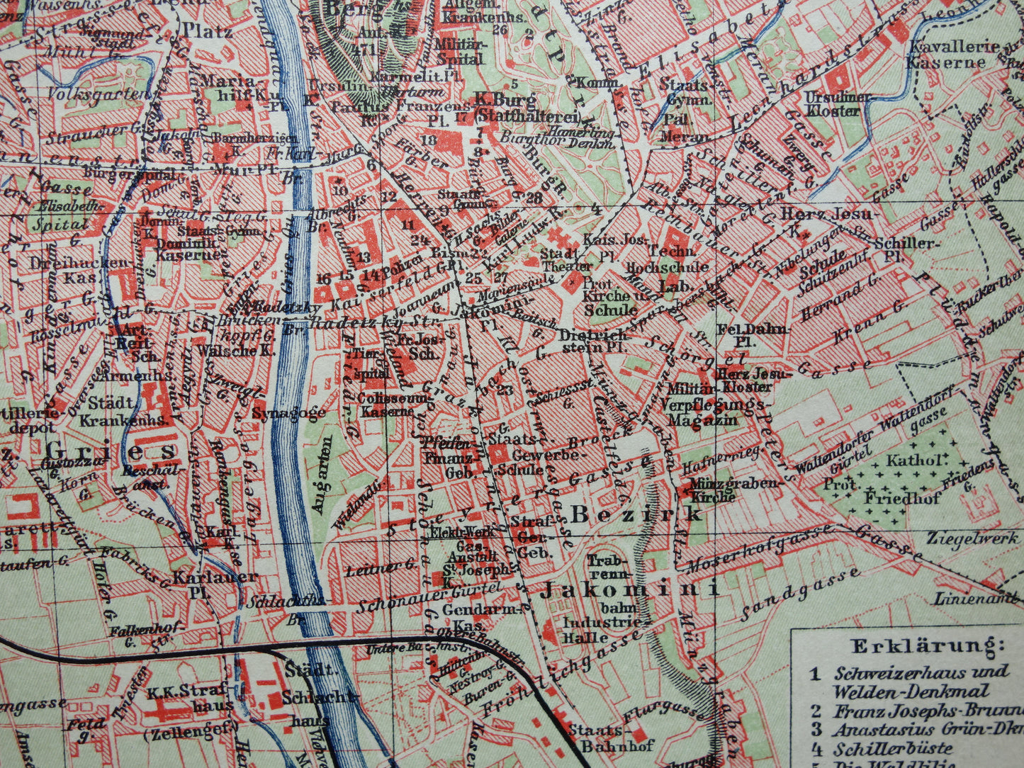 GRAZ oude plattegrond van Graz Oostenrijk uit 1907 - originele kleine vintage historische kaart met jaartal