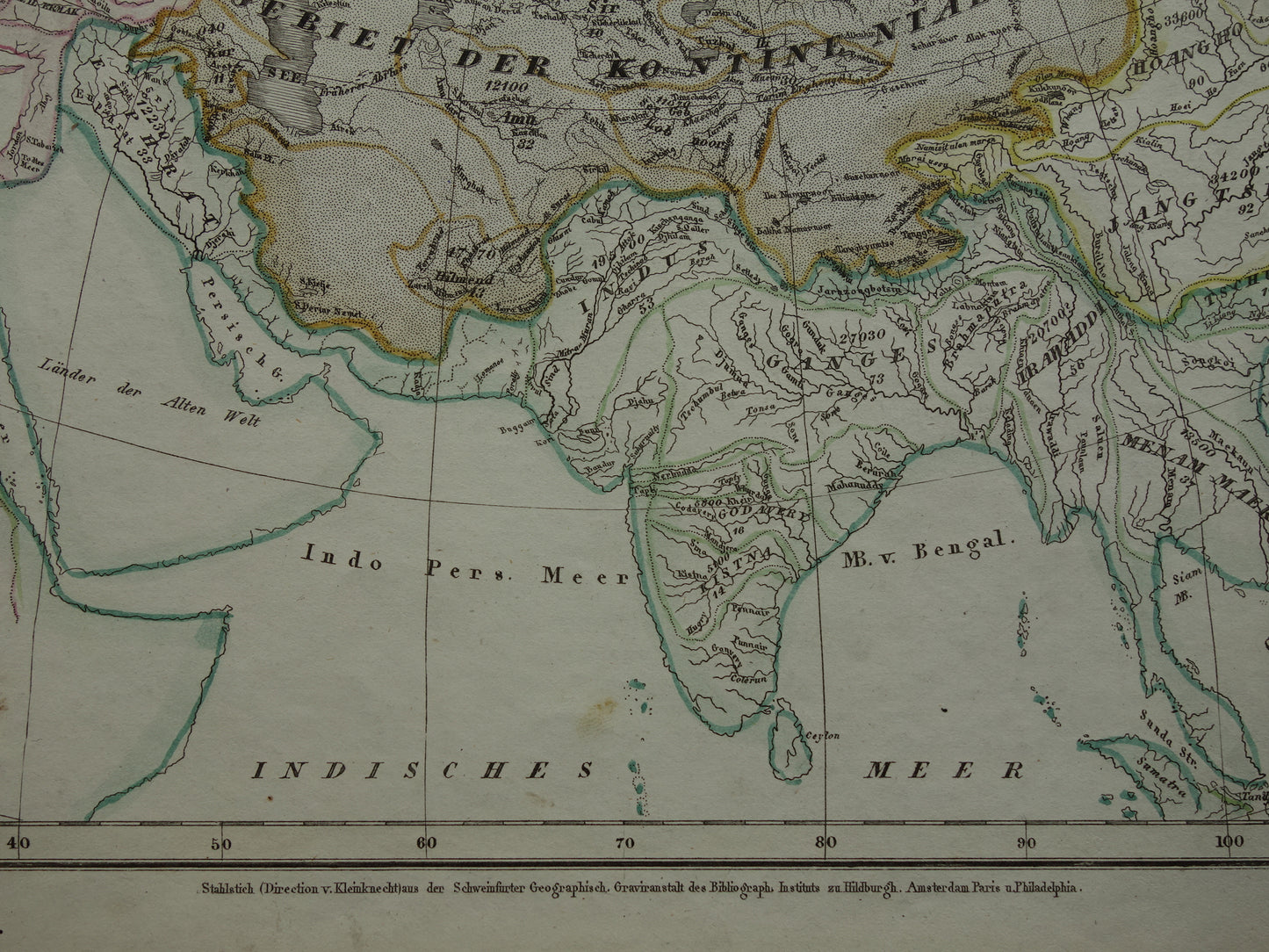 AZIË vintage kaart van Azië 1852 originele oude antieke handgekleurde landkaart over de riviersystemen van het Aziatische continent - Potamologie Geologie kaarten