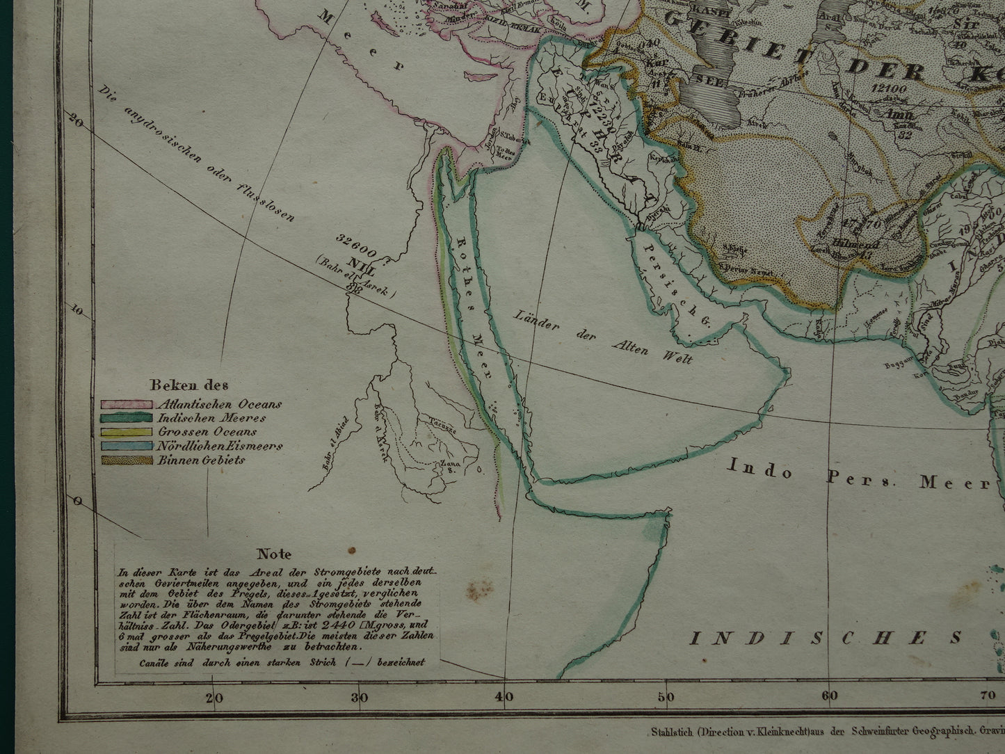 AZIË vintage kaart van Azië 1852 originele oude antieke handgekleurde landkaart over de riviersystemen van het Aziatische continent - Potamologie Geologie kaarten