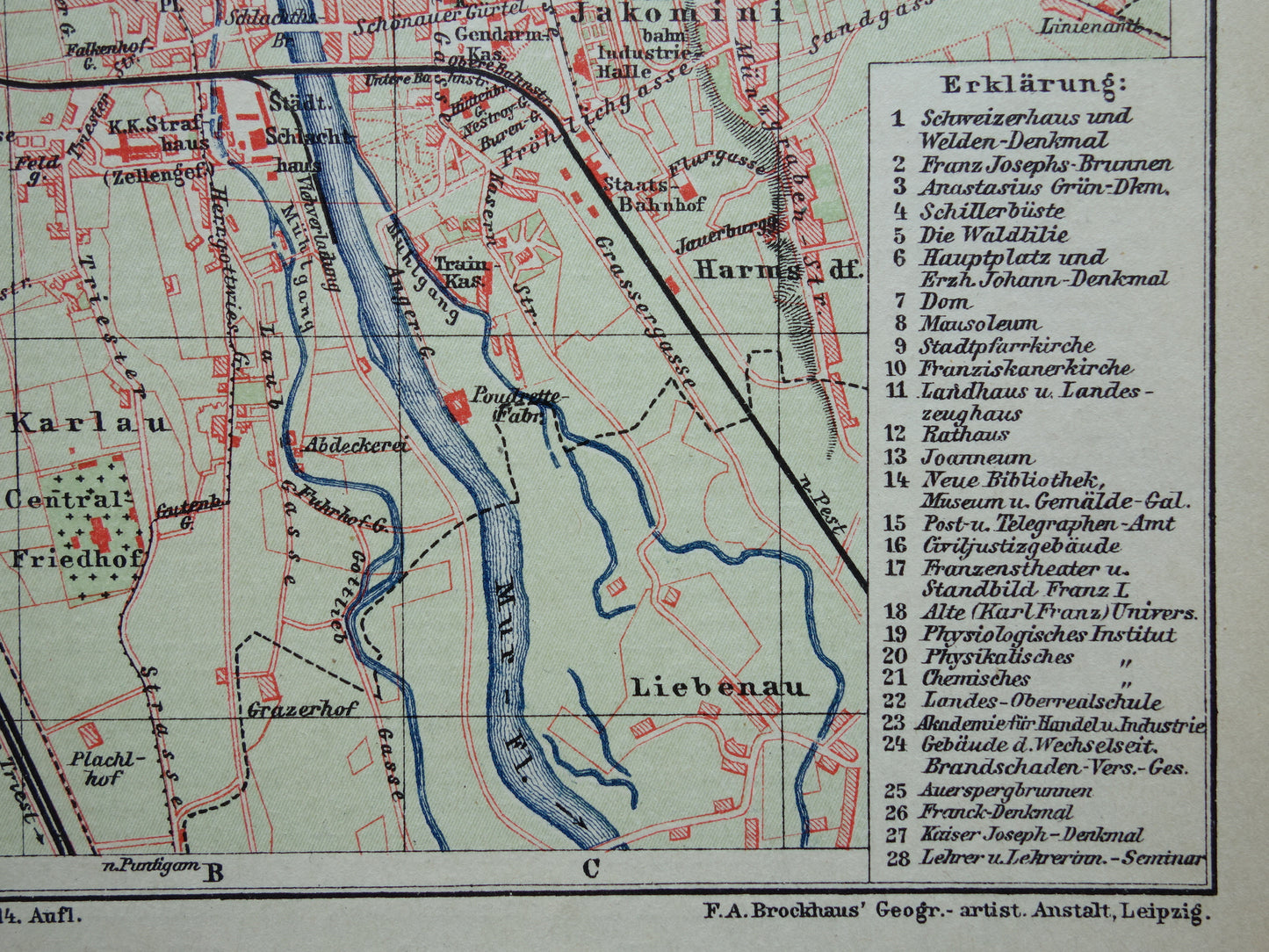 GRAZ oude plattegrond van Graz Oostenrijk uit 1907 - originele kleine vintage historische kaart met jaartal
