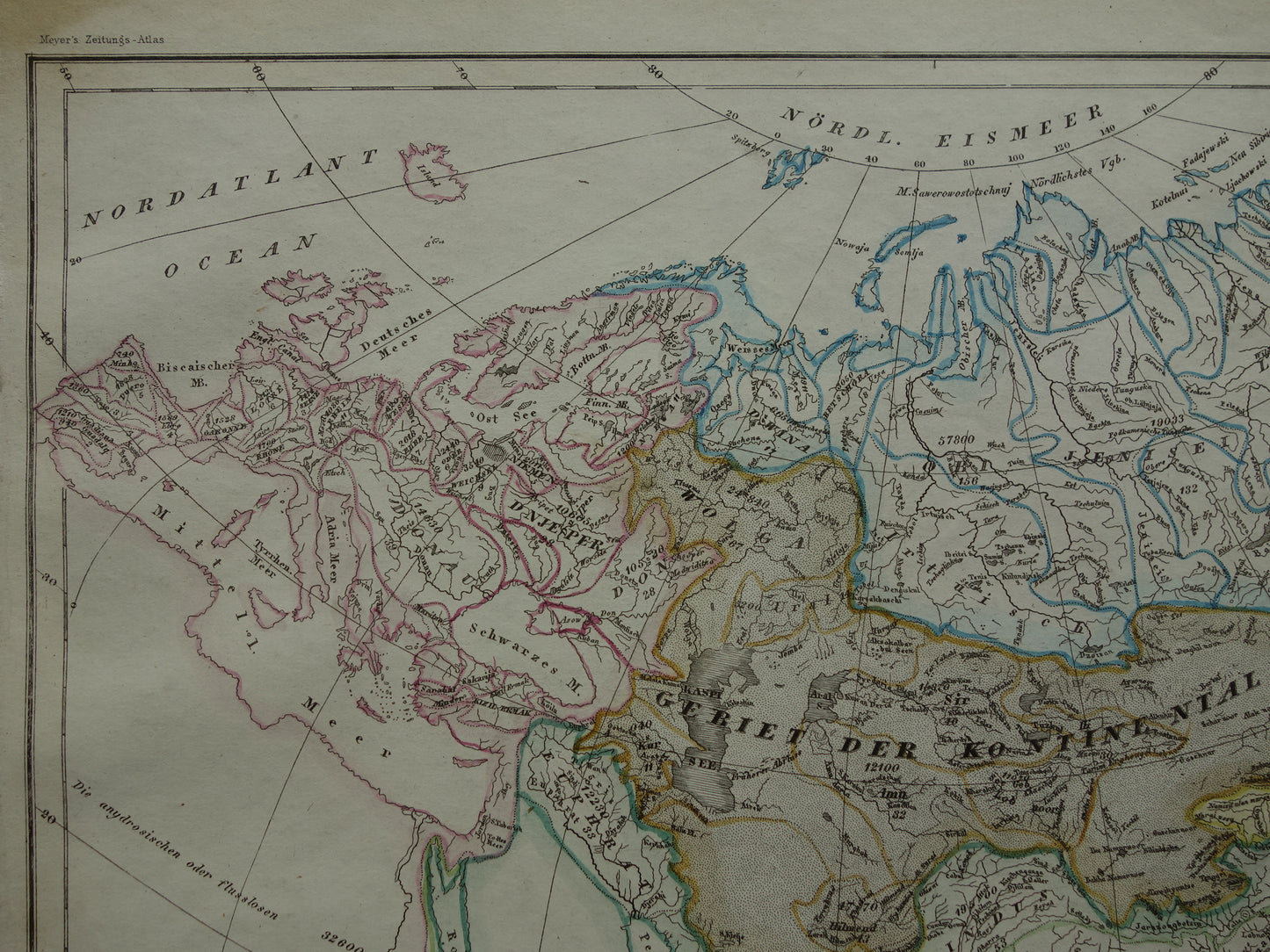 AZIË vintage kaart van Azië 1852 originele oude antieke handgekleurde landkaart over de riviersystemen van het Aziatische continent - Potamologie Geologie kaarten