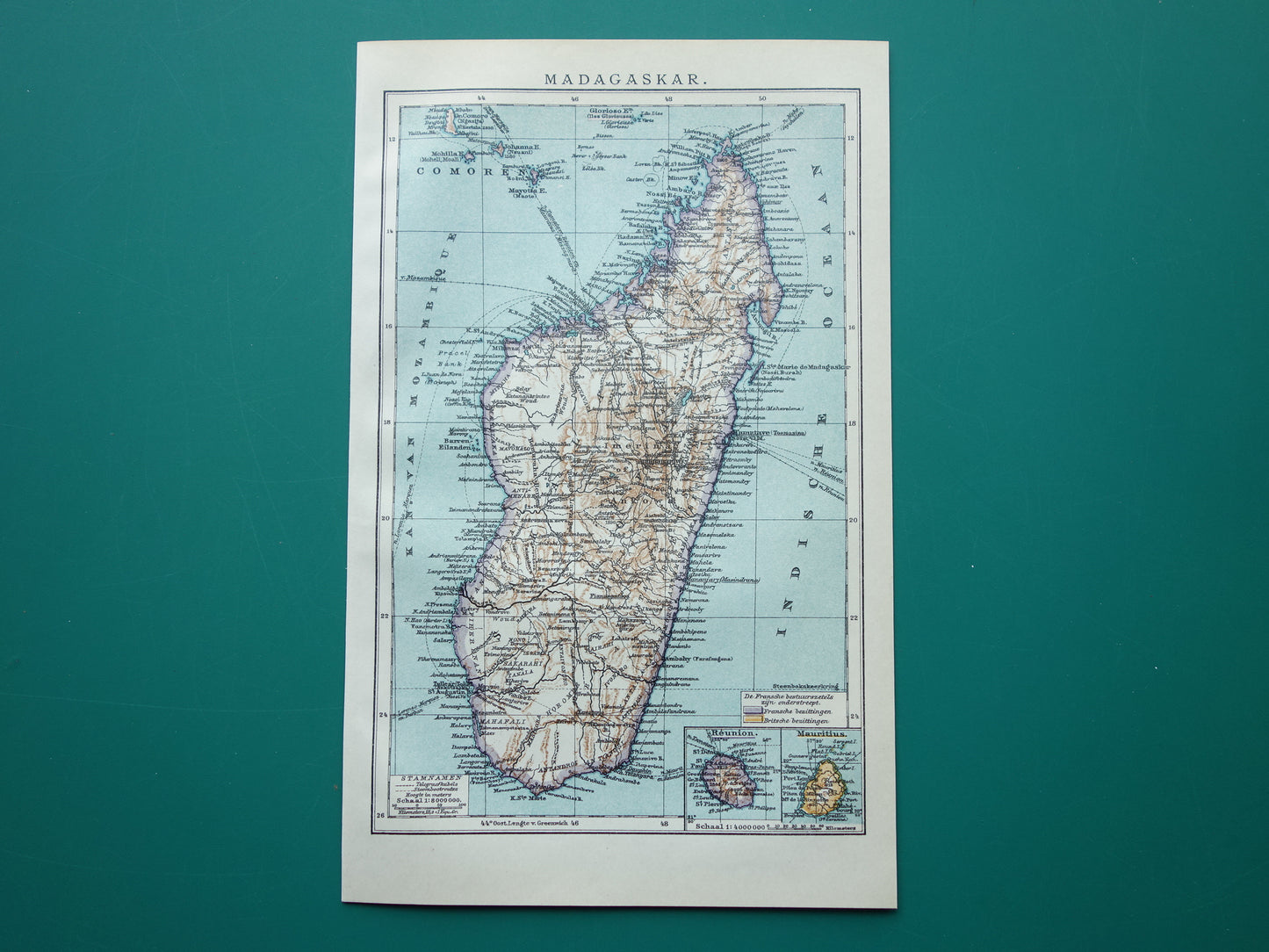Oude kaart van Madagaskar uit 1909 originele antieke Nederlandse landkaart - kleine vintage kaarten