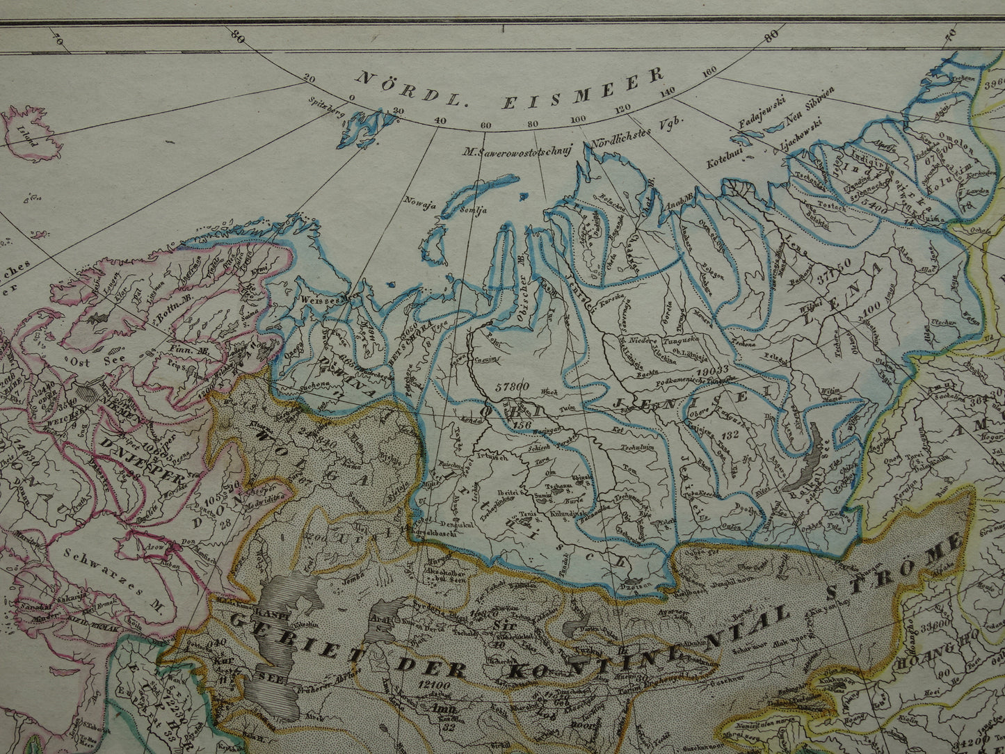 AZIË vintage kaart van Azië 1852 originele oude antieke handgekleurde landkaart over de riviersystemen van het Aziatische continent - Potamologie Geologie kaarten