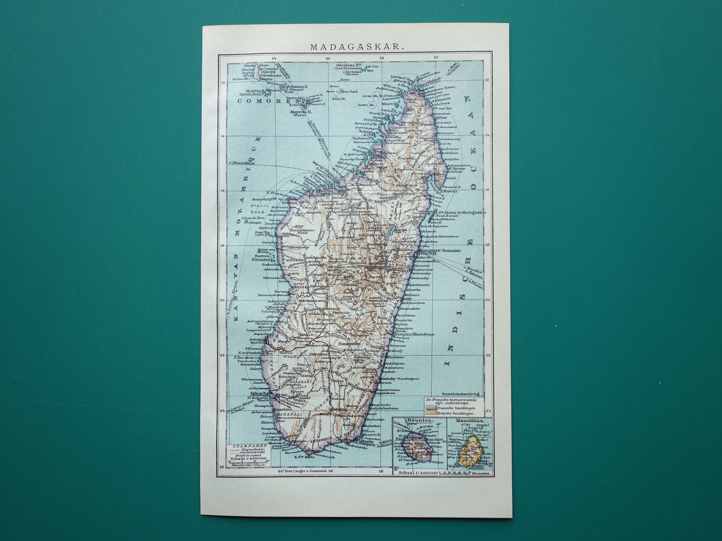 Old map of Madagascar from 1909 original antique Dutch map - small vintage maps