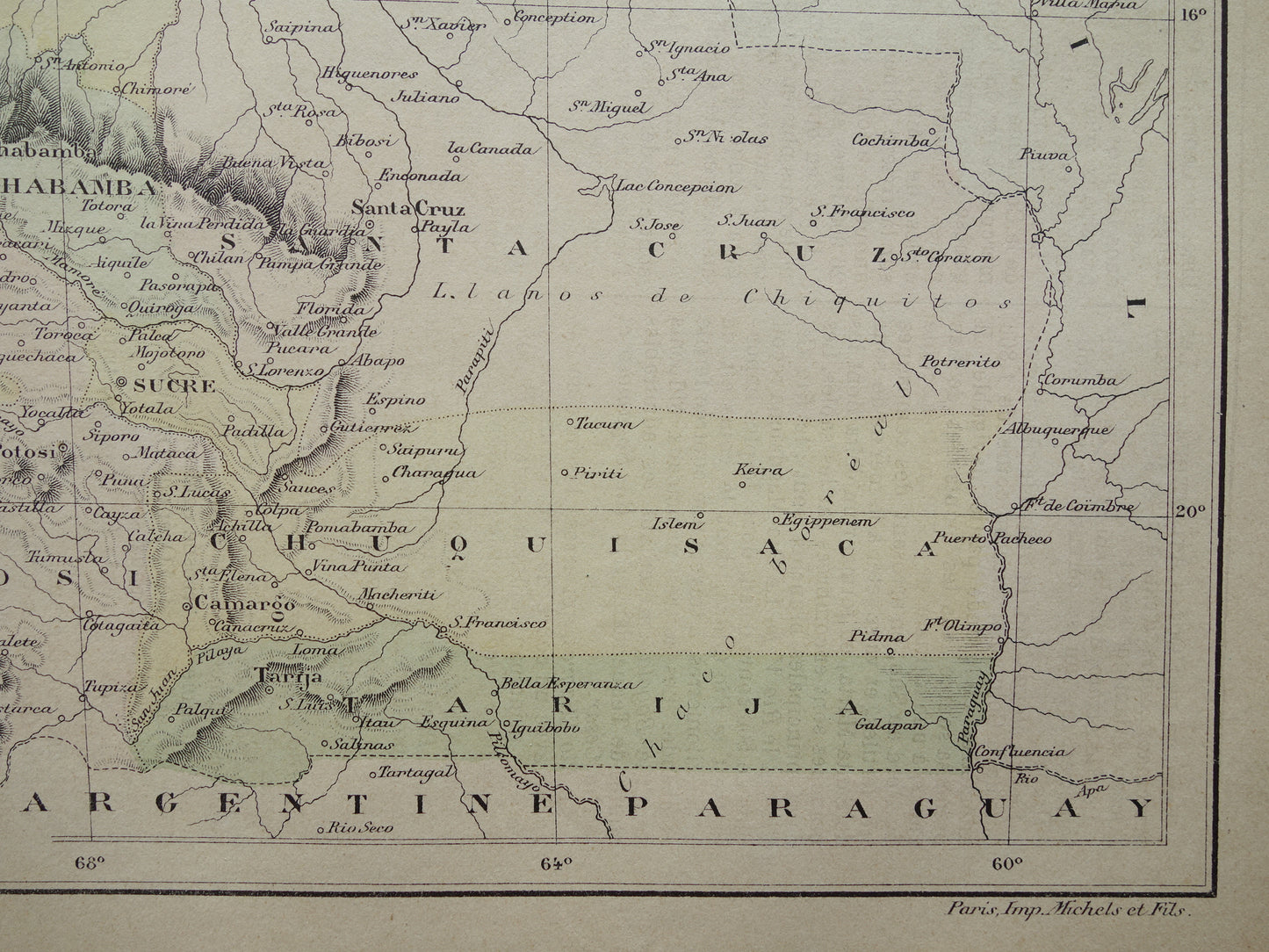 Bolivia old map from 1896 original antique French map
