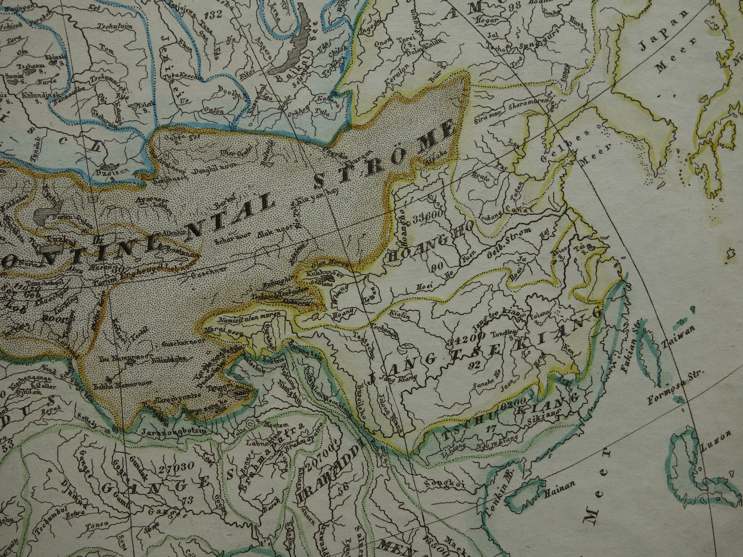 AZIË vintage kaart van Azië 1852 originele oude antieke handgekleurde landkaart over de riviersystemen van het Aziatische continent - Potamologie Geologie kaarten