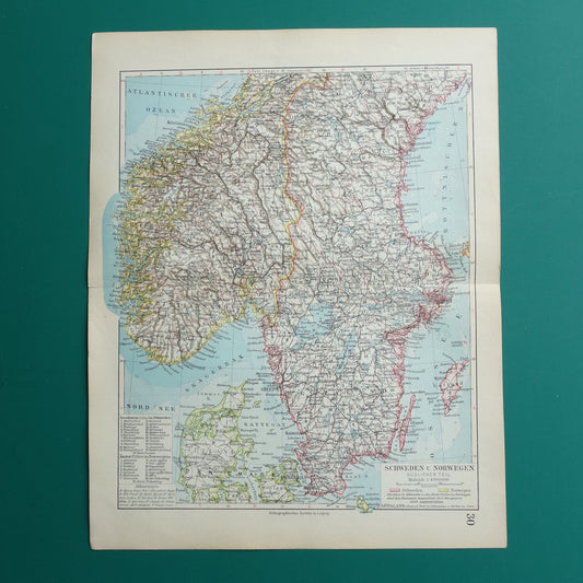 Oude kaart van Zweden en Noorwegen uit 1928 originele vintage landkaart Stockholm Oslo