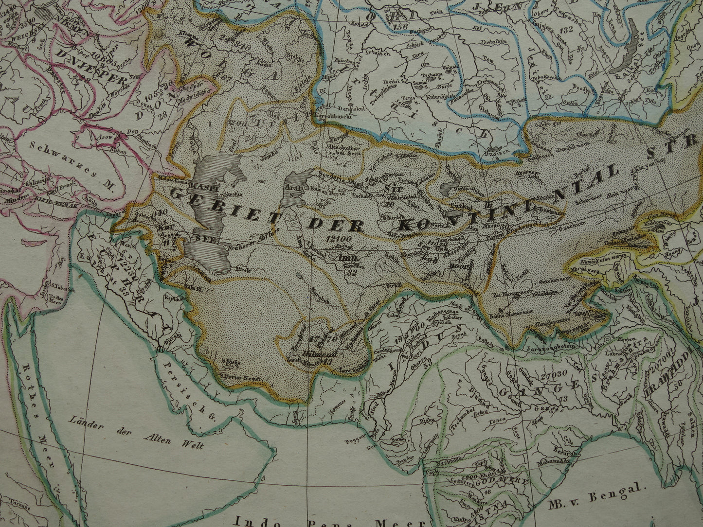 AZIË vintage kaart van Azië 1852 originele oude antieke handgekleurde landkaart over de riviersystemen van het Aziatische continent - Potamologie Geologie kaarten