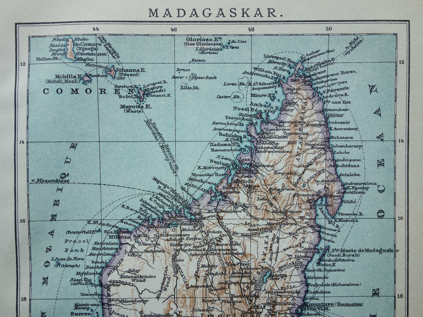 Old map of Madagascar from 1909 original antique Dutch map - small vintage maps