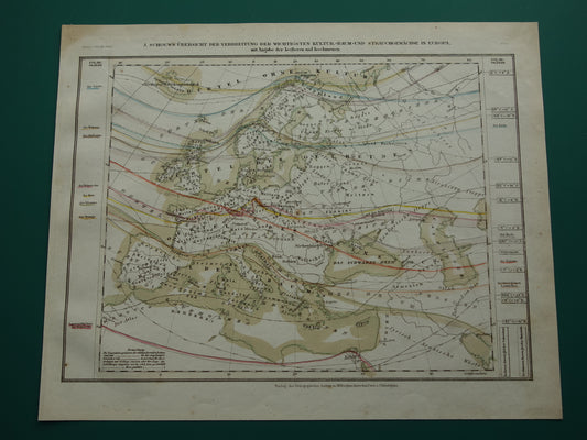 BOTANISCHE kaart van Europa uit 1850 oude handgekleurde fytogeografie landkaart - vintage print