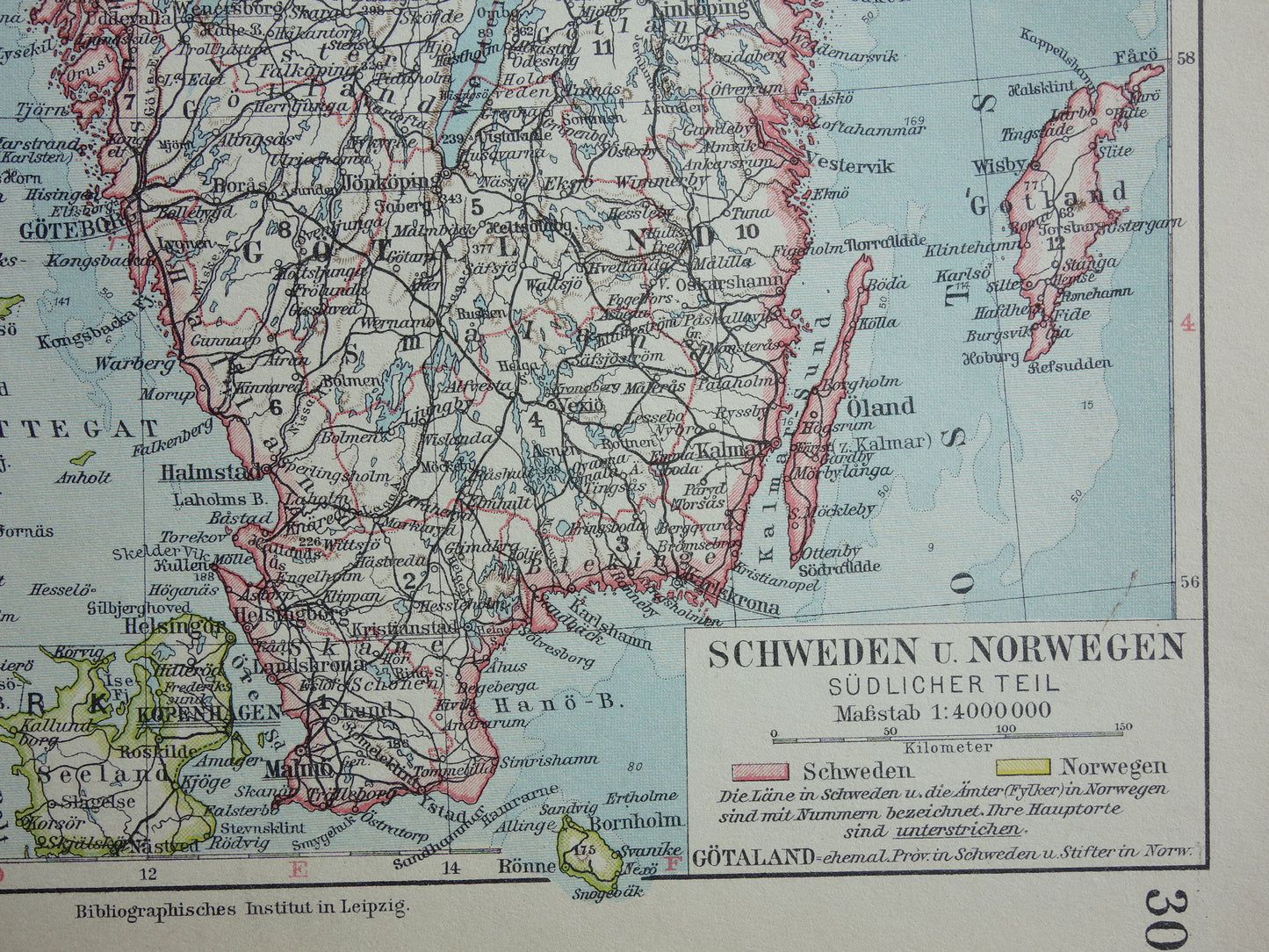 Oude kaart van Zweden en Noorwegen uit 1928 originele vintage landkaart Stockholm Oslo
