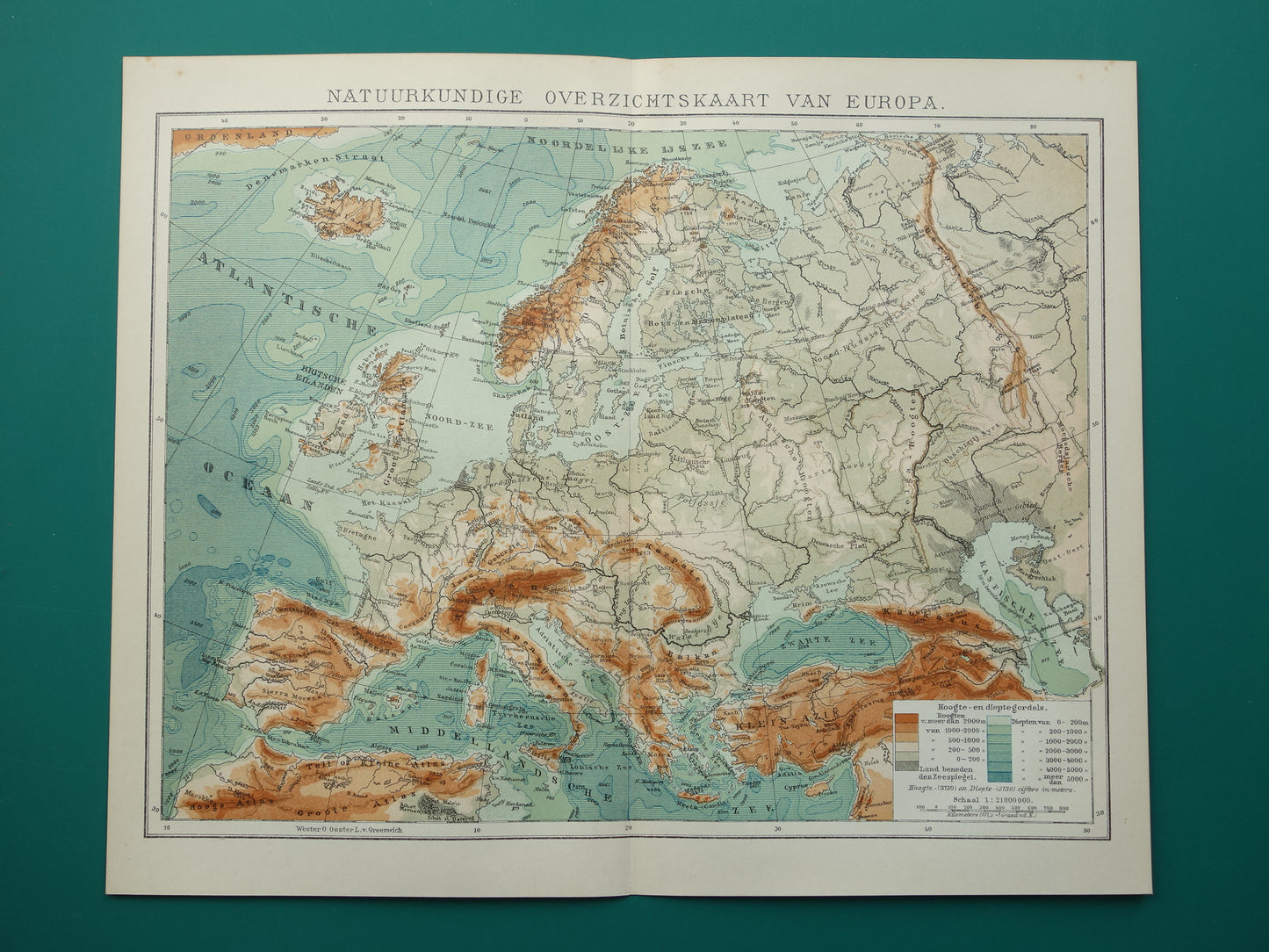 EUROPE Old height map of Europe from 1916 original Dutch antique vintage map Mountains Rivers Geology map