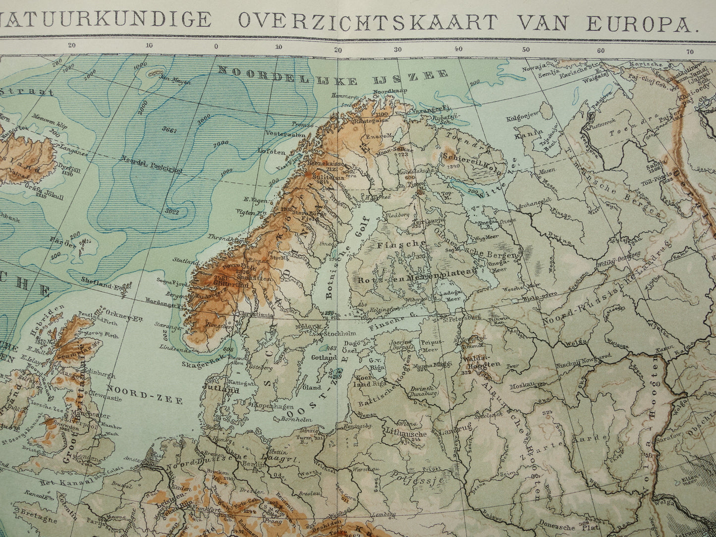 EUROPE Old height map of Europe from 1916 original Dutch antique vintage map Mountains Rivers Geology map