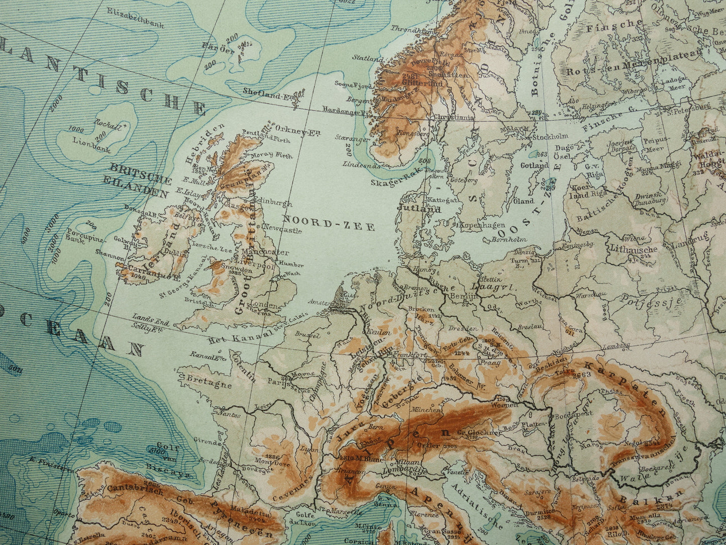 EUROPE Old height map of Europe from 1916 original Dutch antique vintage map Mountains Rivers Geology map