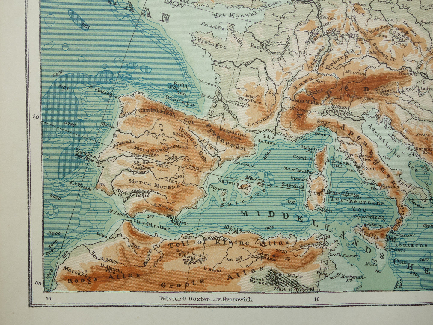 EUROPE Old height map of Europe from 1916 original Dutch antique vintage map Mountains Rivers Geology map