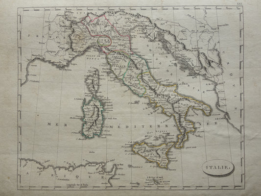 Oude kaart van Italië uit 1804 Originele antieke Pinkerton landkaart van Italië