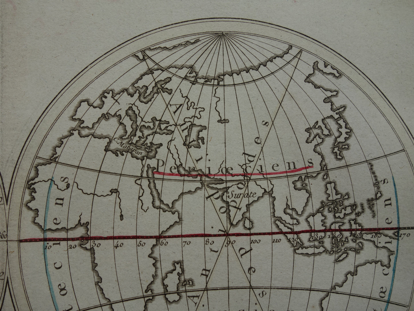 Oude wereldkaart uit 1761 kaart van de wereld over schaduw - originele antieke handgekleurde landkaart