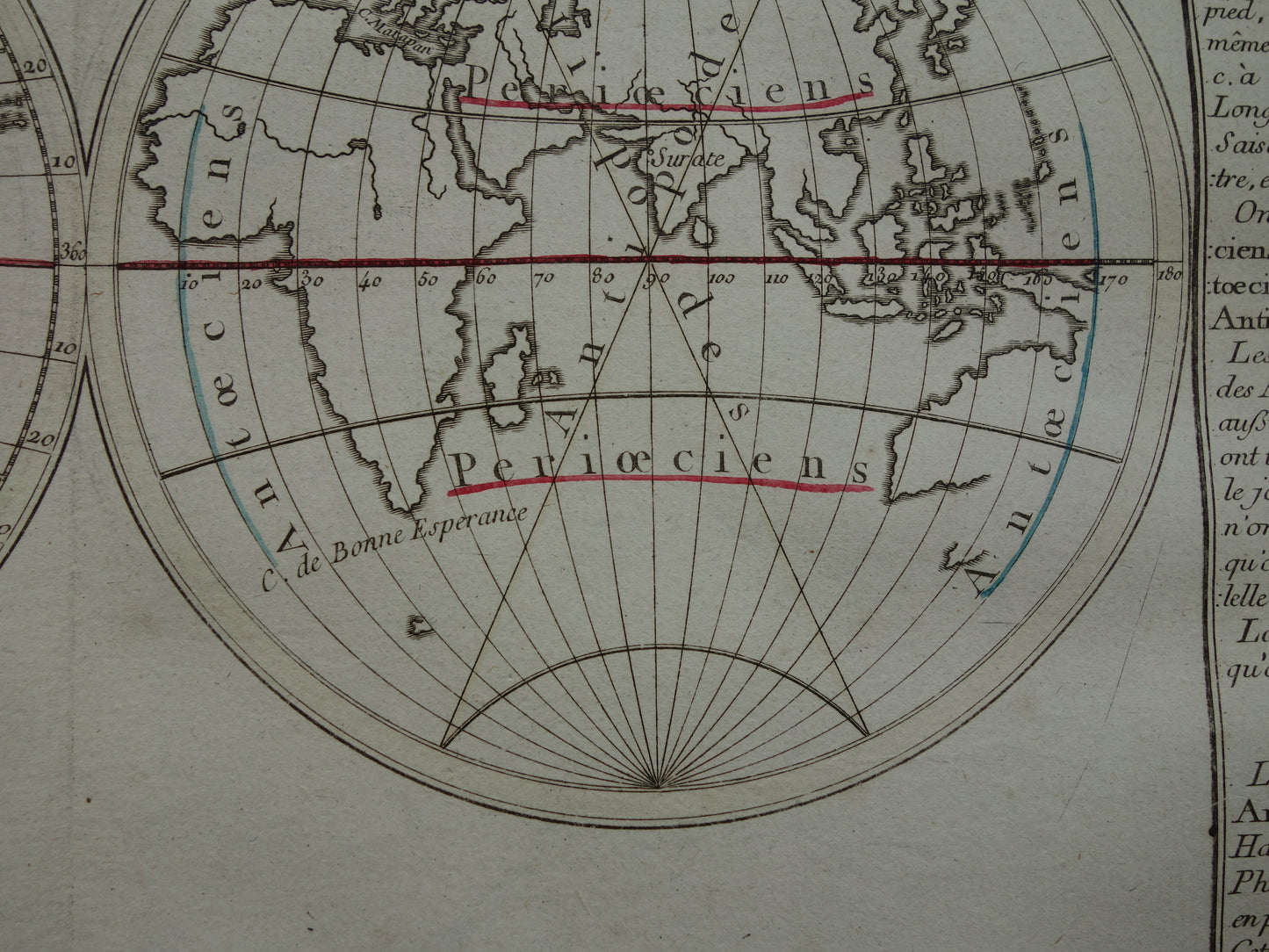 Oude wereldkaart uit 1761 kaart van de wereld over schaduw - originele antieke handgekleurde landkaart