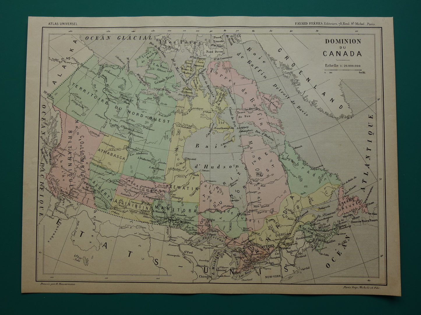 CANADA Oude handgekleurde kaart van Canada uit 1896 Originele Franse antieke landkaart vintage print