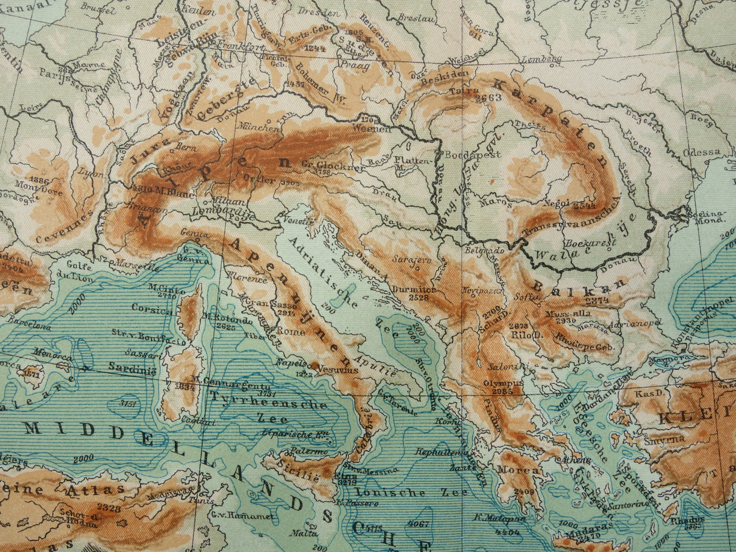 EUROPE Old height map of Europe from 1916 original Dutch antique vintage map Mountains Rivers Geology map