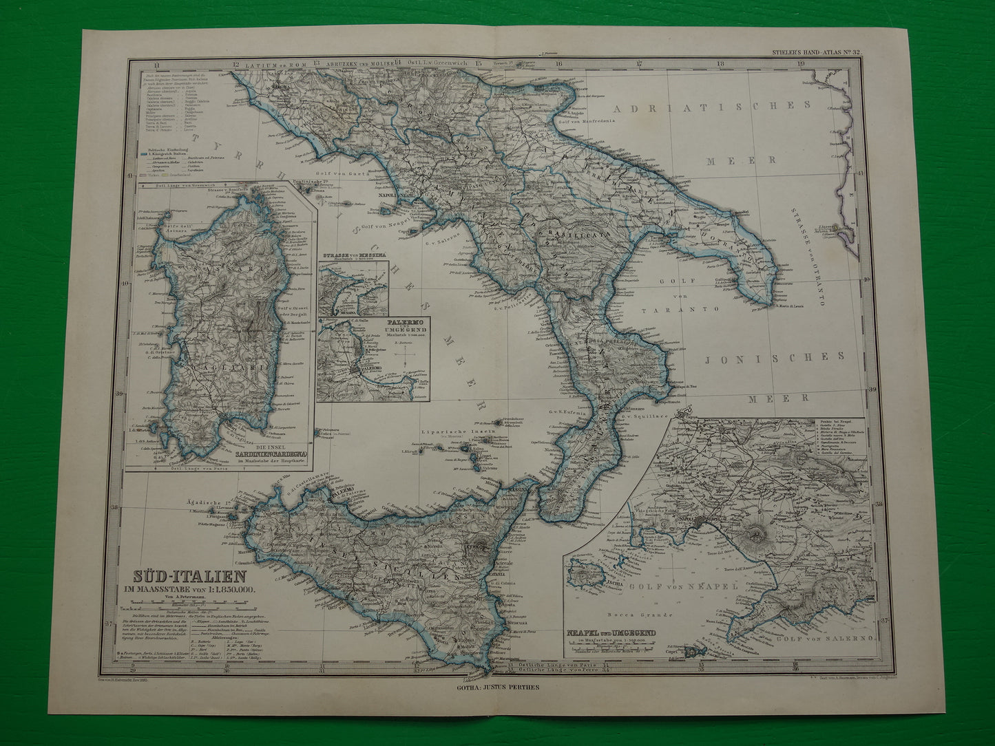 ITALIË antieke kaart van Zuid-Italië Sicilië Napels Palermo originele 135+ jaar oude landkaart van Zuid-Italië