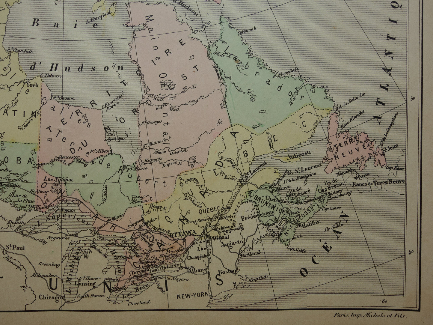 CANADA Oude handgekleurde kaart van Canada uit 1896 Originele Franse antieke landkaart vintage print