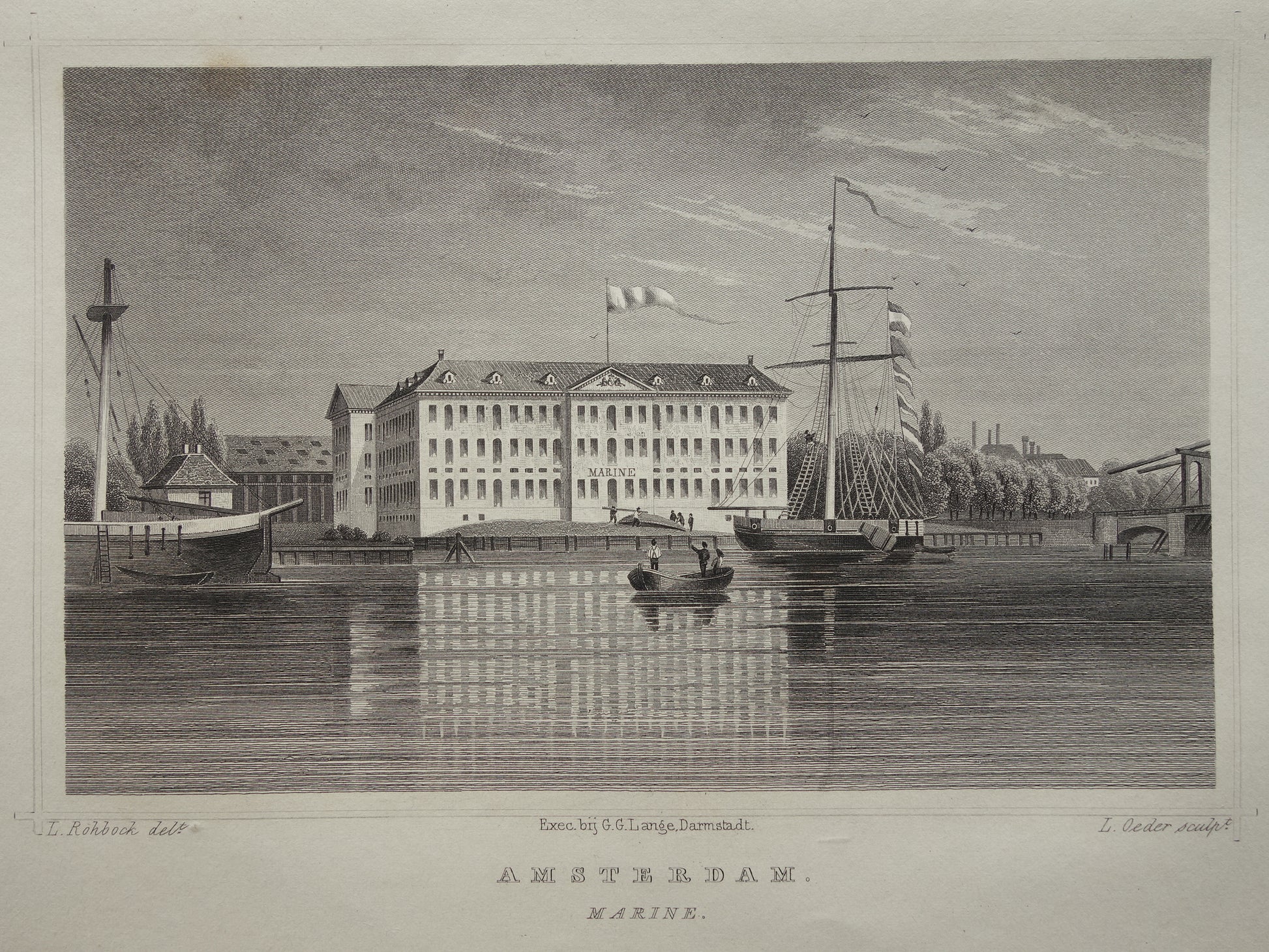 SCHEEPVAARTMUSEUM Amsterdam oude prent uit 1858 Originele antieke gravure illustratie Terwen Koningrijk der Nederlanden Amsterdam Marine vintage