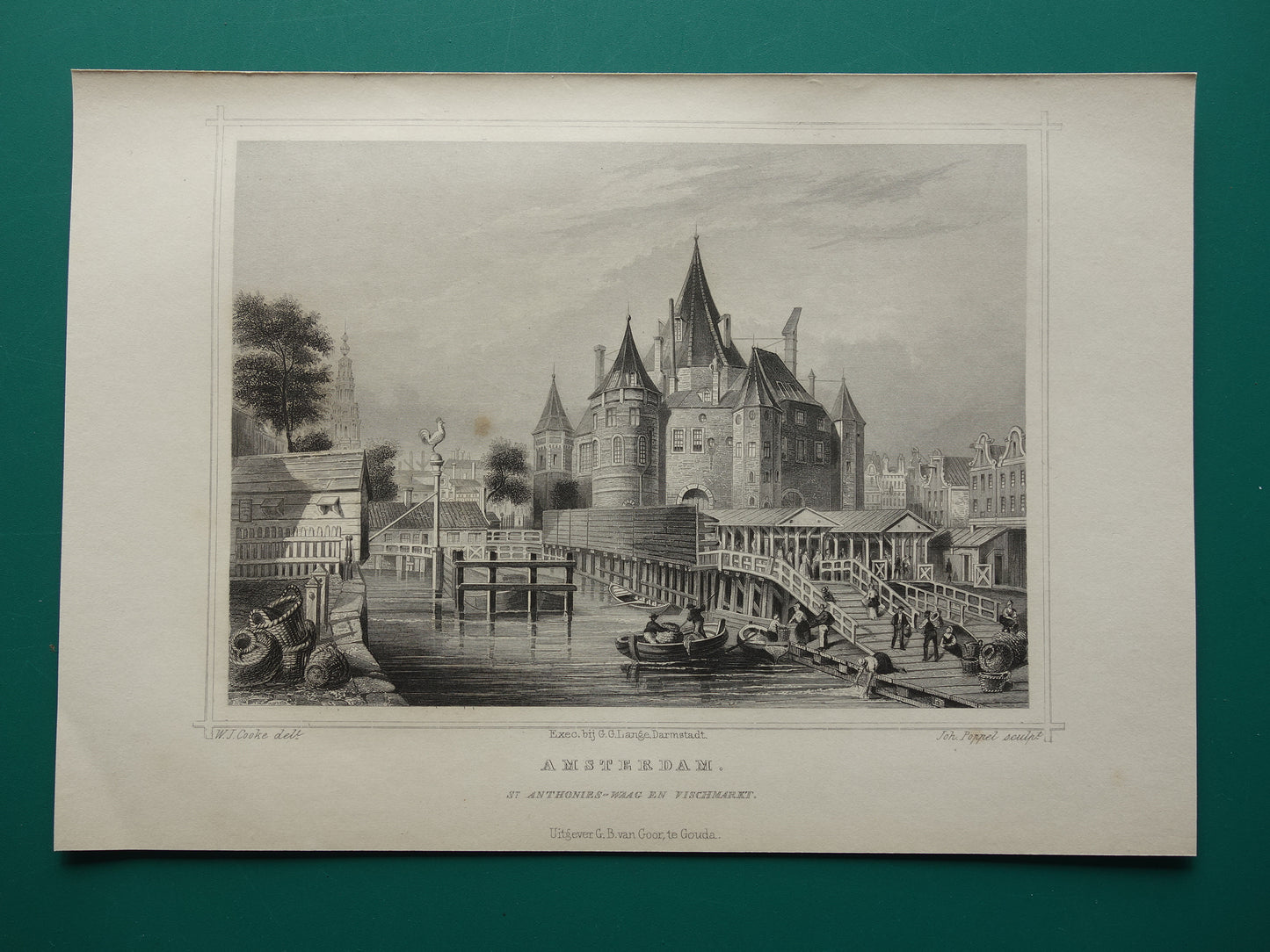 Nieuwmarkt Amsterdam vintage illustratie uit 1858 Originele oude antieke prent De Waag Sint Antoniespoort gravure Terwen Koningrijk der Nederlanden St. Anthonies-waag en vischmarkt