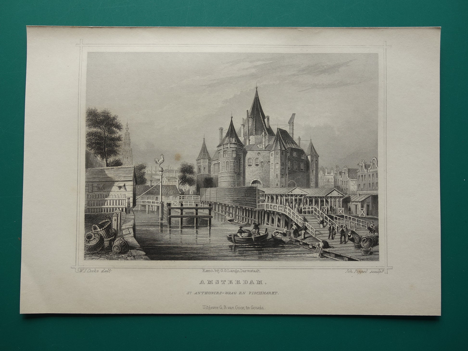 Nieuwmarkt Amsterdam vintage illustratie uit 1858 Originele oude antieke prent De Waag Sint Antoniespoort gravure Terwen Koningrijk der Nederlanden St. Anthonies-waag en vischmarkt