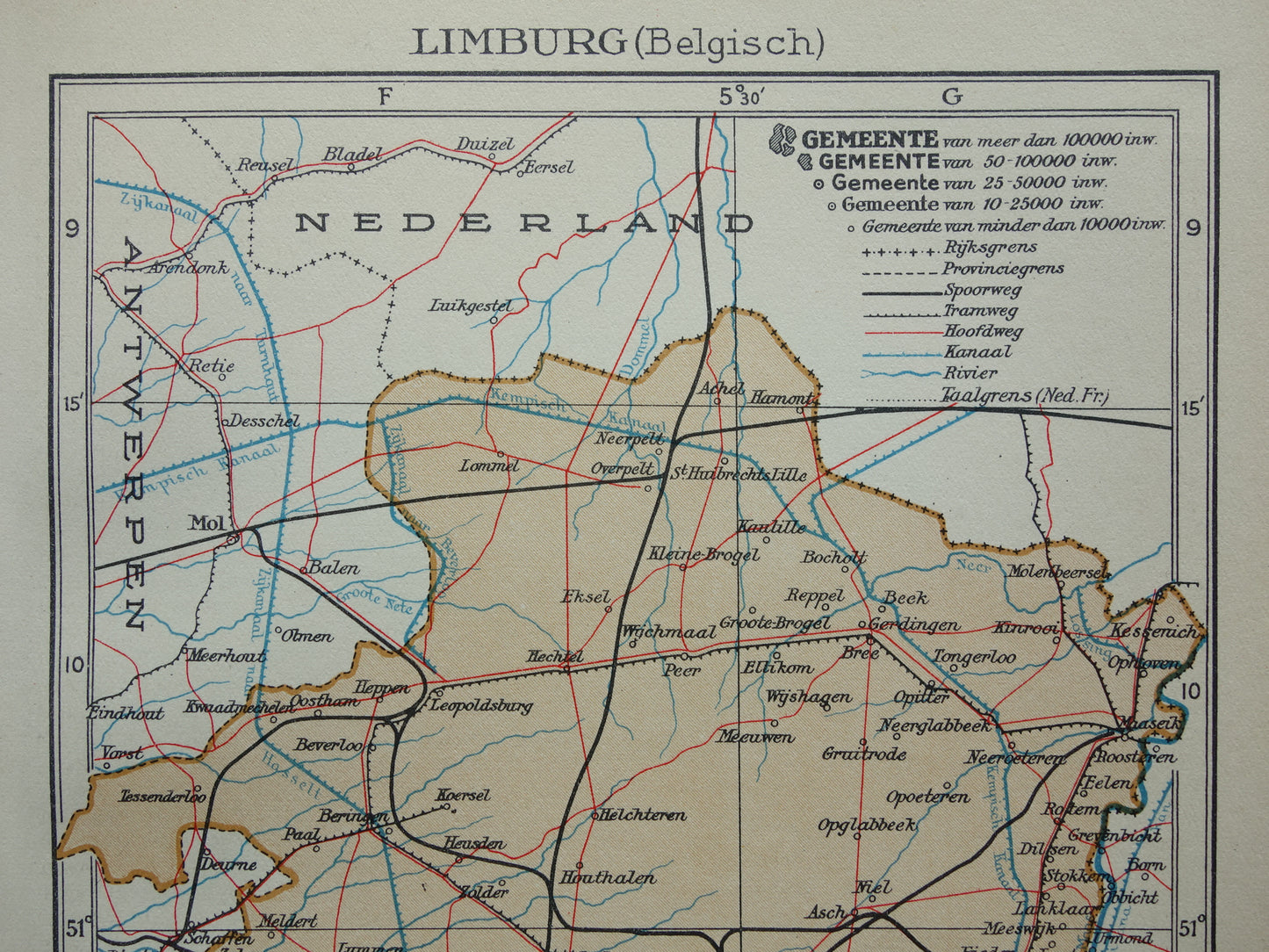 LIMBURG Old map of the province of Belgian Limburg from 1936 Original vintage Dutch map