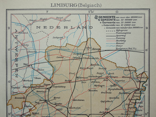 LIMBURG Oude kaart van provincie Belgisch Limburg uit 1936 Originele vintage Nederlandse kaart