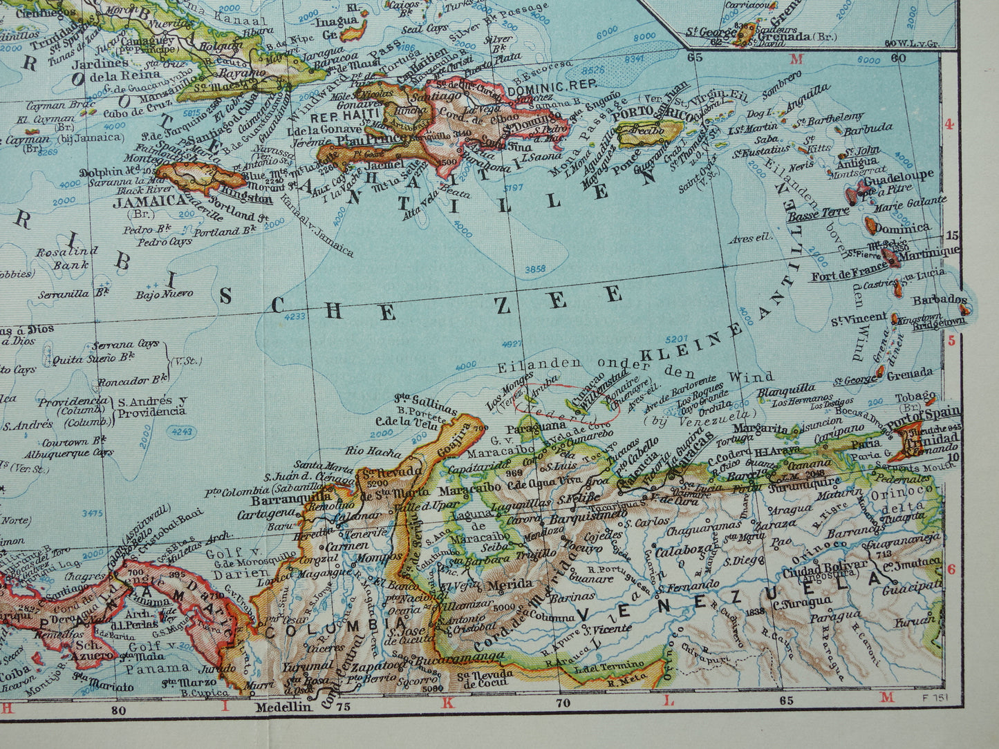 ANTILLEN Oude Nederlandse kaart van het Caribisch gebied West-Indië Midden-Amerika Originele vintage landkaart