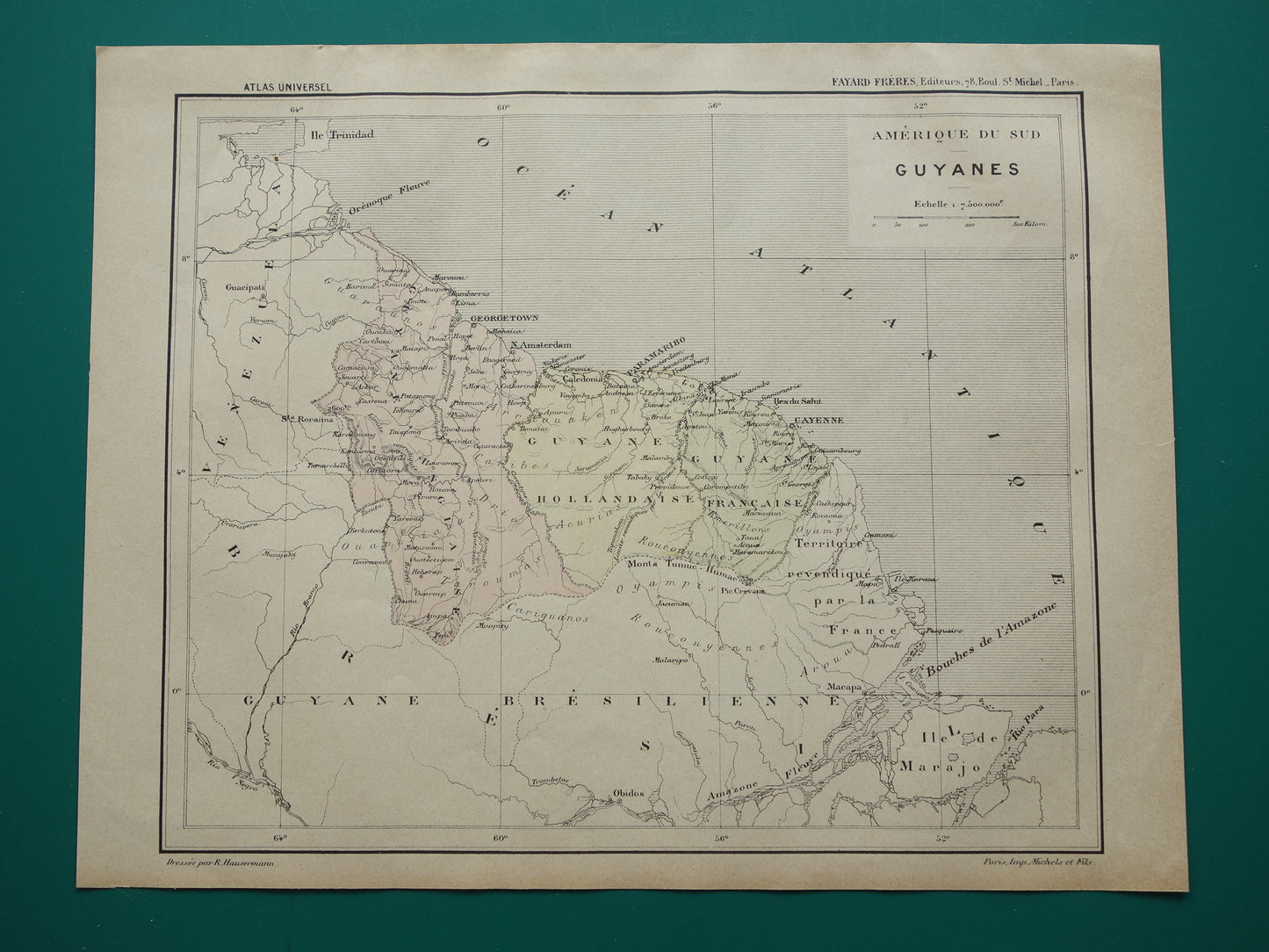 Suriname & Guyana oude landkaart uit 1896 originele antieke Franse kaart van Frans-Guyana Guyana en Suriname
