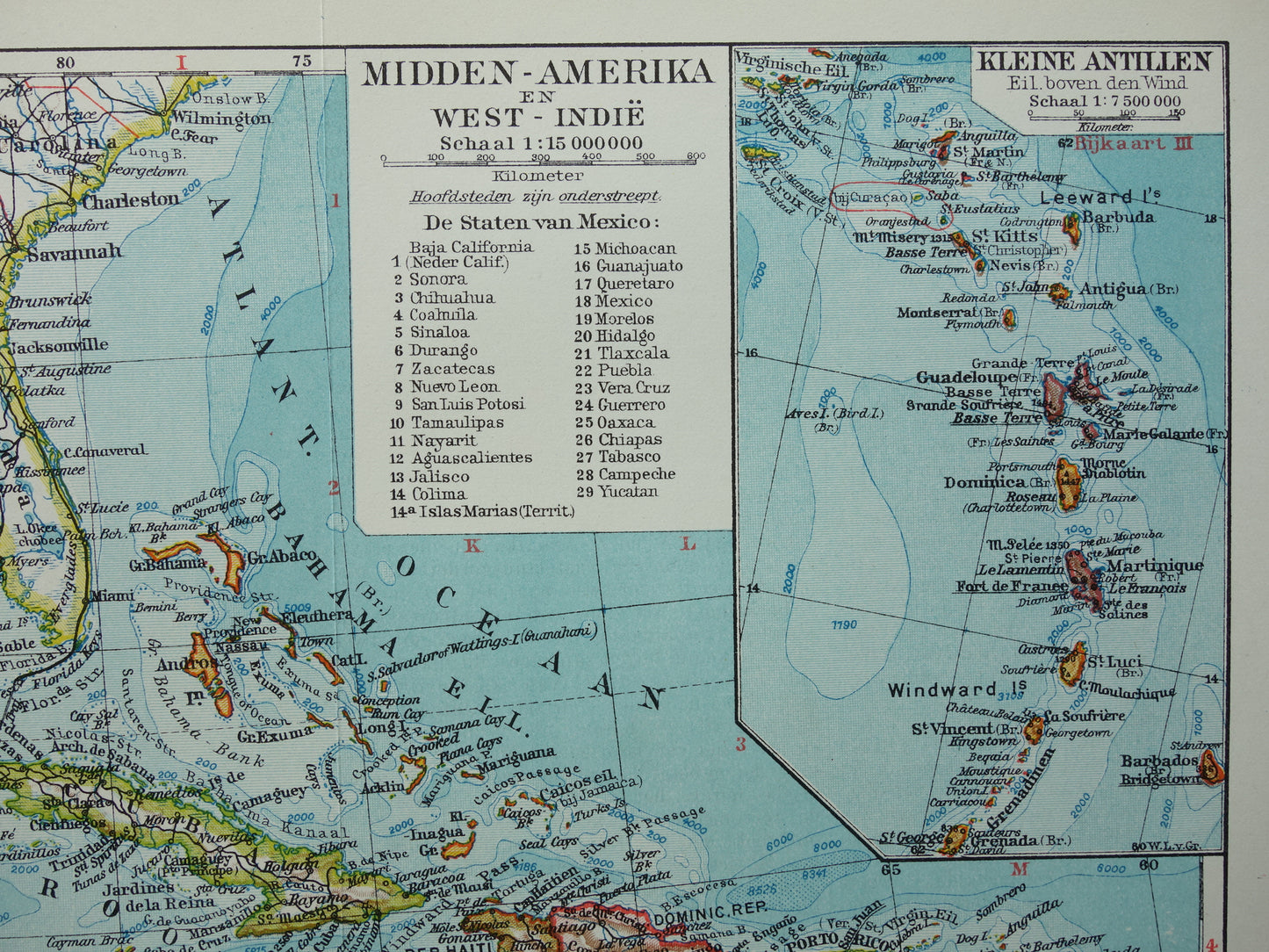 ANTILLEN Oude Nederlandse kaart van het Caribisch gebied West-Indië Midden-Amerika Originele vintage landkaart