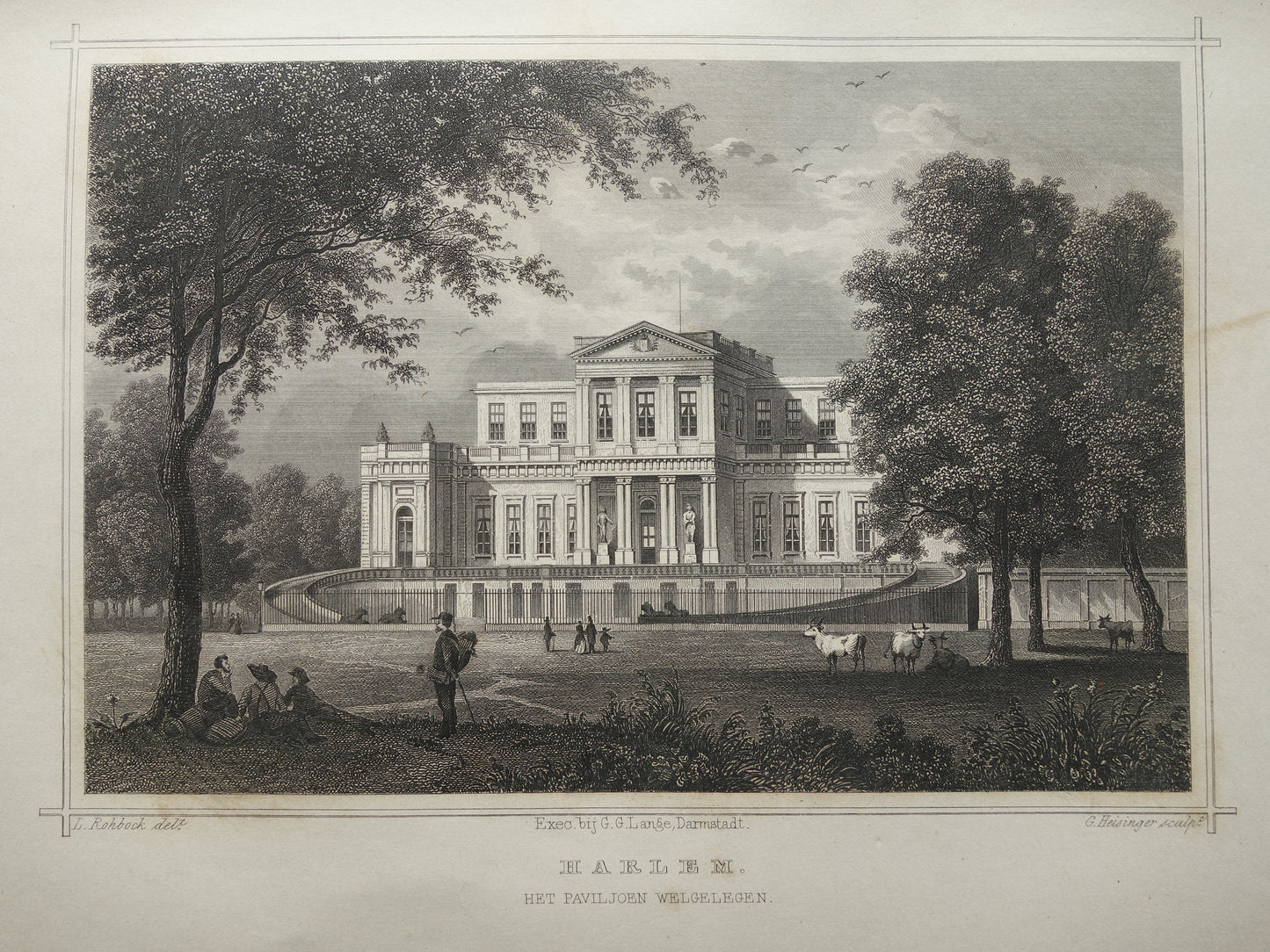 Het Paviljoen Welgelegen Haarlem Oude prent uit 1858 Originele antieke gravure Terwen Koningrijk der Nederlanden Villa Harlem Provinciehuis Noord-Holland