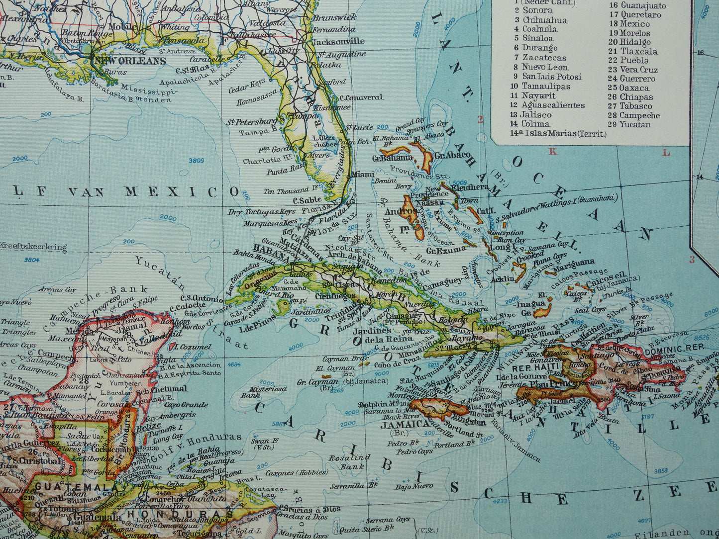 ANTILLEN Oude Nederlandse kaart van het Caribisch gebied West-Indië Midden-Amerika Originele vintage landkaart