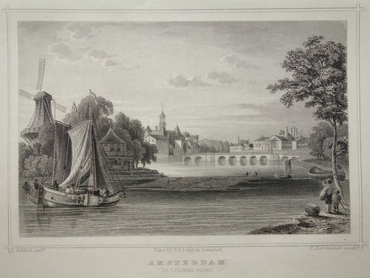 Leidsepoort oude prent Amsterdam Leidseplein Originele antieke gravure uit 1858 historische illustratie Terwen Koningrijk der Nederlanden Amsterdam. De Leydschepoort