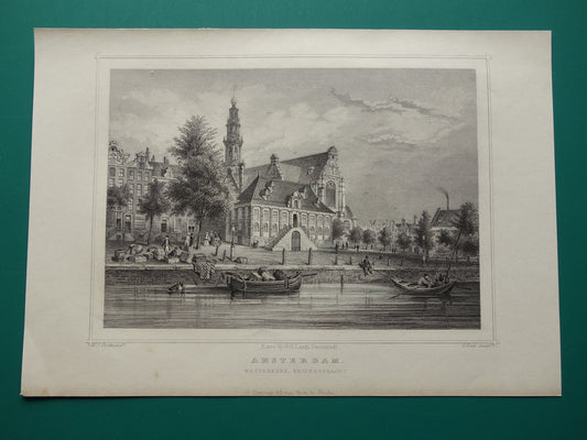 Westerkerk Amsterdam antieke gravure uit 1858 Originele oude prent Keizersgracht Terwen Koningrijk der Nederlanden