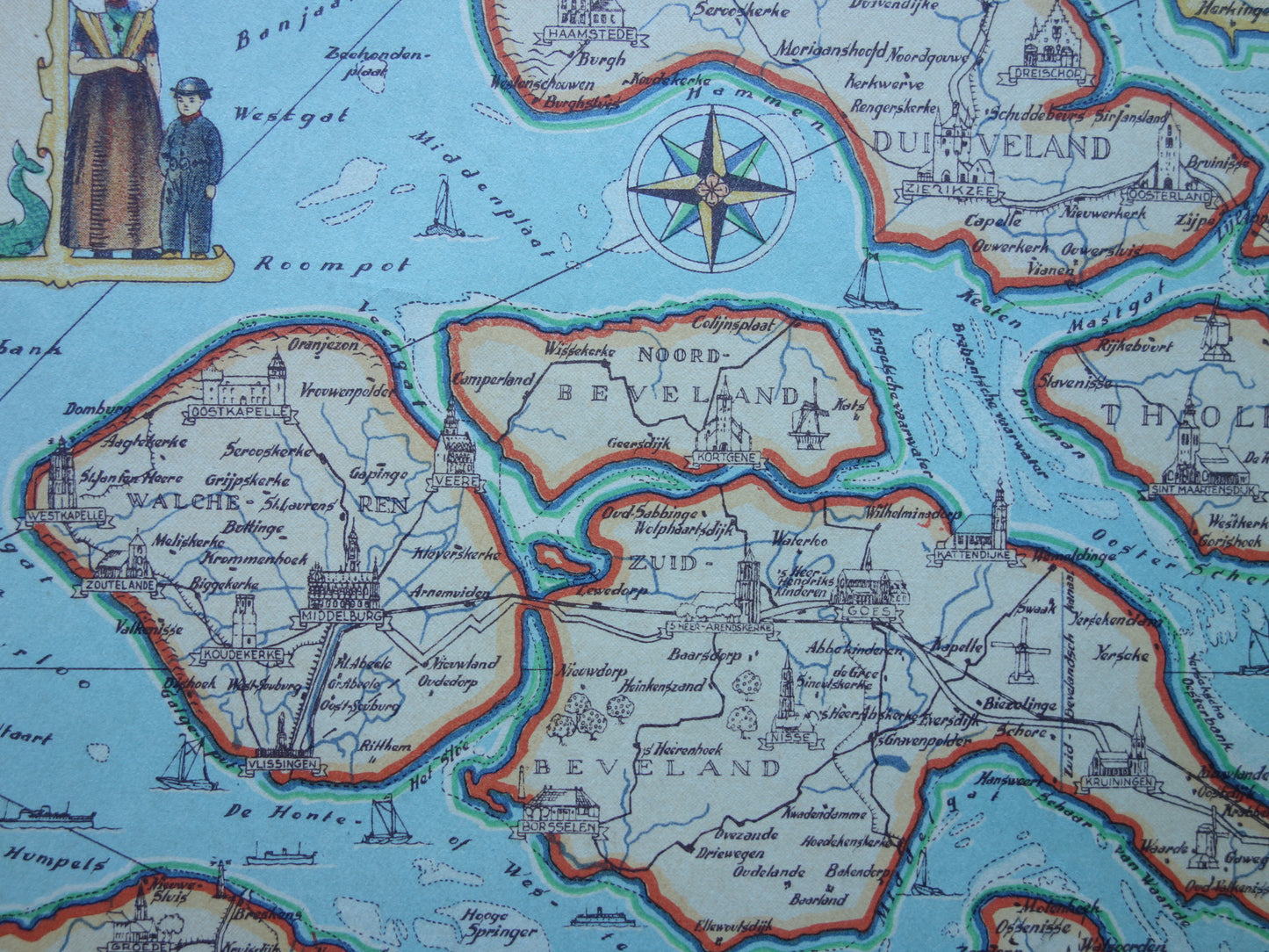 ZEELAND Vintage kaart van de provincie Zeeland uit 1947 Oude historische landkaart
