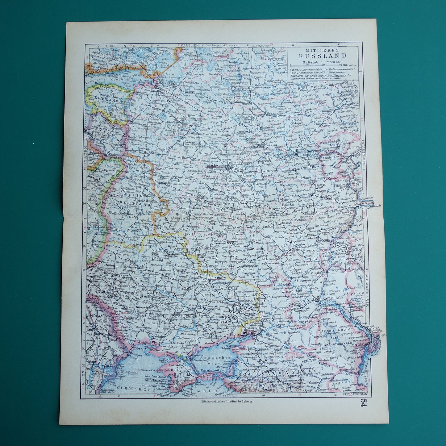 Oude landkaart van Midden-Rusland uit 1928 Vintage landkaart