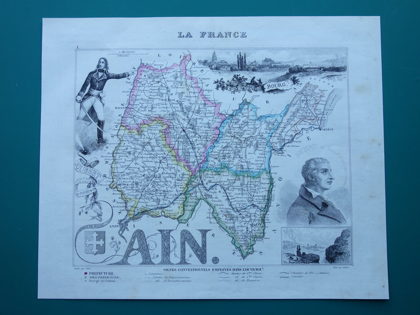 Oude kaart van AIN departement in Frankrijk uit 1856 originele antieke handgekleurde landkaart Bourg Belley Nantua Trevoux