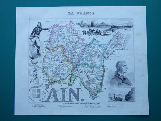 Oude kaart van AIN departement in Frankrijk uit 1856 originele antieke handgekleurde landkaart Bourg Belley Nantua Trevoux